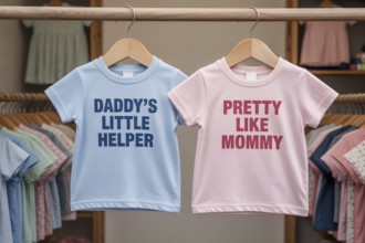 Baby pink and blue children's shirts with stereotypical text, highlighting early gender norms and