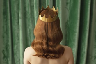 Woman in golden crown seen from behind against green velvet. Elegant portrait symbolizes female