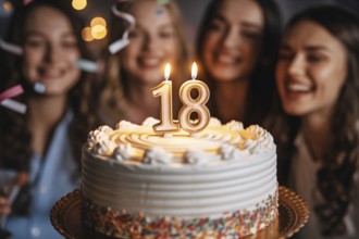 Birthday cake with 18 candle. Celebration scene marks the milestone of adulthood and legal age in