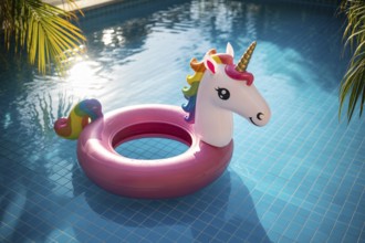 Unicorn pool float drifting in sunny tropical pool. Playful summer scene captures leisure, fun, and