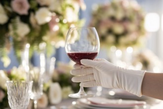 White silk glove holding red wine glass at elegant wedding reception. Generative Ai, AI generated