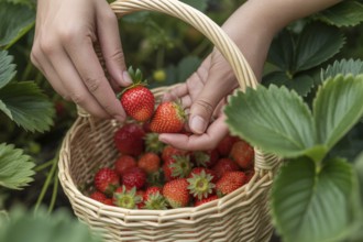Woman's hands placing fresh strawberries into a basket during harvesting. Generative ai, AI