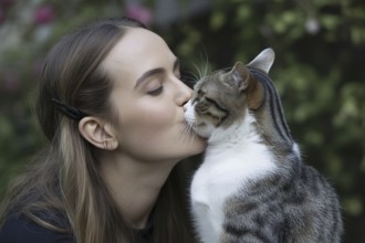 Woman gently kissing her pet cat. Expression of affection and emotional closeness in human–animal