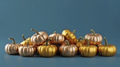 Metallic golden and copper pumpkins piled on blue background. Festive autumn harvest decoration
