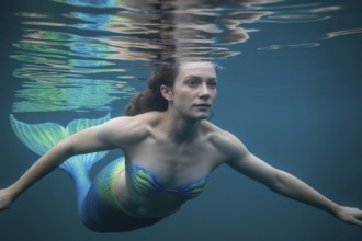 Mermaid swimming underwater with tropical fish in blue ocean. Generative ai, AI generated