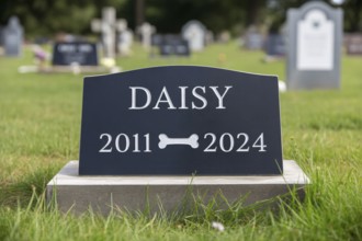 Traditional tombstone with bone for a dog in a pet cemetery. Memorial tribute for a beloved animal