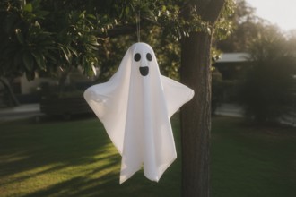 Funny white sheet ghost Halloween decoration hanging from tree. Concept of spooky seasonal