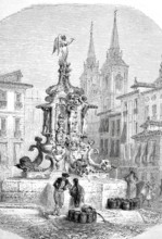 Fountain on Antonio Martin Square in Madrid in 1880, Spain, digitally enhanced reproduction from a
