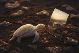 Plastic bag in the shape of a turtle, lying on dirty sand surrounded by plastic waste and looking