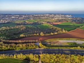 Farms and Fields over Torquay from a drone, Devon, England, United Kingdom