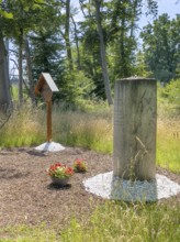 Free-standing stone column on the right Monument with inscription in memory of Bernd Rosemeyer,