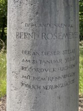 Free-standing stone column Monument with inscription in memory of Bernd Rosemeyer, who died in an