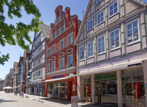 Half-timbered houses on Weserstrasse in the historic old town of Rinteln. Lower Saxony, Germany