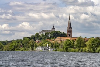 The Great Plön Lake, Nikolai Church and Plön Castle in Plön, Schleswig-Holstein, Germany