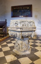 Baptismal font, sandstone baptismal font from the Renaissance period from 1603, created by H.