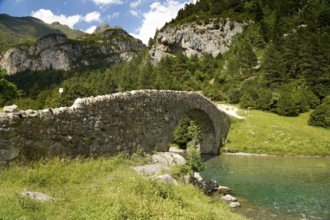 The Romanesque bridge Puente Románico de San Nicolás de Bujaruelo over the River Ara in the