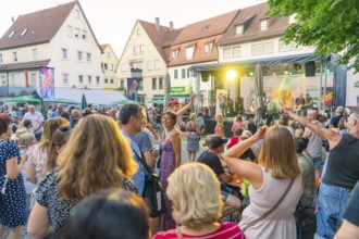 Happy people dancing and enjoying a concert at a summer festival, 950 years Weil der Stadt