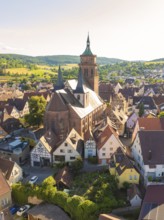 Large church building surrounded by traditional half-timbered houses in a rural setting, 950th