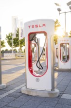 A Tesla charging station at sunset in an urban environment in front of green trees, Tesla