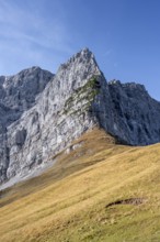 Rocky mountain ridge, mountain landscape in autumn in the morning light, rocky mountain peak