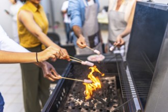 Friends are grilling marshmallows on skewers over a barbecue fire, enjoying a summer cookout