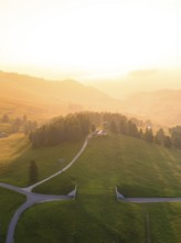 A path winds through a hilly, forest-lined mountain landscape, Alpe di Siusi, Dolomites, South