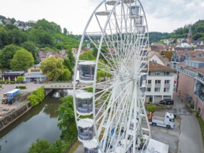 Large Ferris wheel in front of urban background with river in the foreground and green