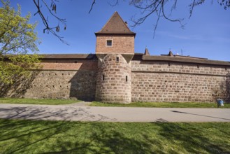 Old town, city fortification, city wall, defence defence tower, footpath, tree, lawn, blue sky,