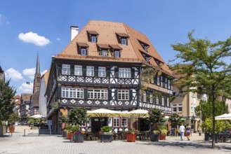 Town view of Nagold in the northern Black Forest. Half-timbered house Hotel Post on the suburban