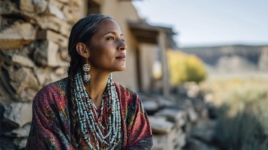 Beautiful and attractive native indigenous north american woman in first nation clothes in