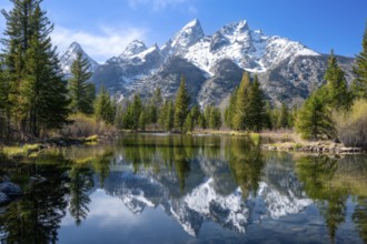 Alpine snow-peaked mountain landscape with trees reflecting in the water of pristine lake, AI