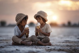 Closeup of a portrait of a children eating ice cream in hot summer day. Happy playful smiling