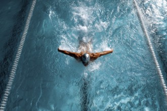 Muscular young swimmer swims in the lane. Concept of having purpose and determination and reaching
