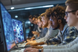 Diverse employees in corporate environment support center analyzing data and helping customers to