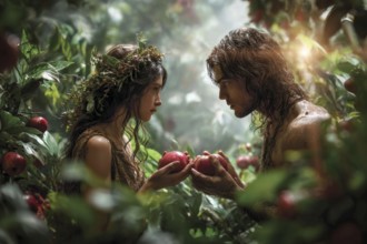 Bible story of Adam and Eve in Paradise Garden of Eden. Legend of Original sin and Temptation.