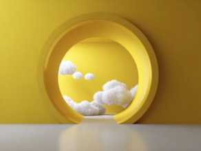 Abstract minimal yellow background with white clouds flying out the tunnel. Entrance to heavens, AI