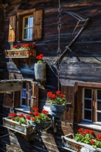 Old wooden house in log construction, decorated with flowers, historic village centre, Grimentz,