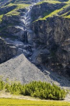 Waterfall cascading down a rock face, Zinal Valley, Val d'Anniviers, Valais Alps, Canton Valais,