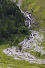 Waterfall cascading down the valley, Zinal Valley, Val d'Anniviers, Valais Alps, Canton Valais,