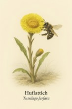 Botanical illustration of a sand bee (Andrena vaga) on the native coltsfoot flower (Tussilago