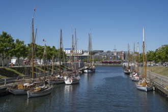 Sailing boats in Germaniahafen, museum harbour, Kiel, Kiel Fjord, Baltic Sea, Schleswig-Holstein,
