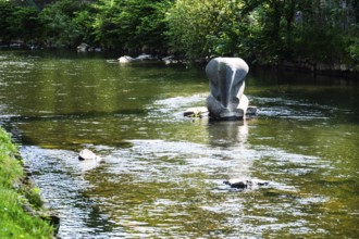 A suspension railway at the crash site of Tuffi the elephant. A sculpture of an elephant stands in