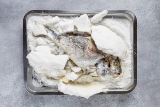 Baked Dorado fish, in salt on a baking sheet, top view, homemade, no people