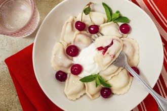 Traditional dumplings with cherries and yogurt, close-up, no people
