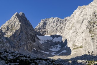 Blue ice glacier in the middle of Blaueisspitze, Hochkalter and Rotpalfen, Berchtesgaden Alps,