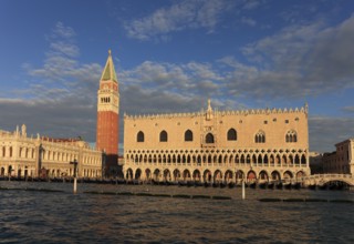 View from the Bacino di San Marco to the Doge's Palace and the Piazzetta in the evening, Venice,