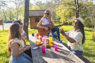 Happy friends are having a picnic in a park, enjoying music played on an acoustic guitar, sharing
