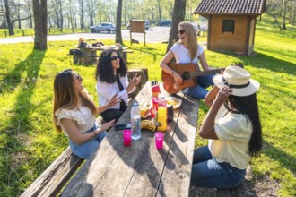 Four female friends enjoying a sunny picnic in nature, playing guitar, singing joyfully, and