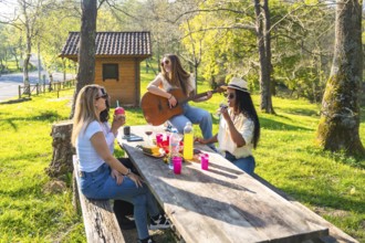 Cheerful young women enjoying a picnic in a sunny park, with one playing guitar, sharing drinks,