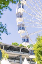 The Ferris wheel with glass cabins rises next to a large building surrounded by sunny trees, 950